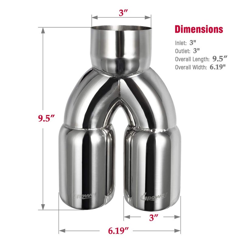 Upower Dual Exhaust Tip 3 Inch Inlet 3" outlet 9.5" Long Tail Pipe Double Wall Polished 304 Stainless Steel - Image 4